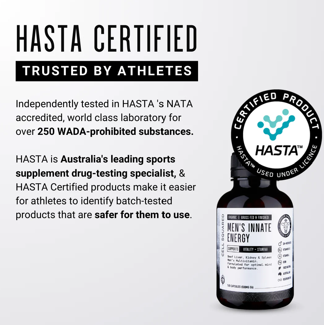 HASTA certified sports supplement bottle with certification logo and text about testing and athlete trust.