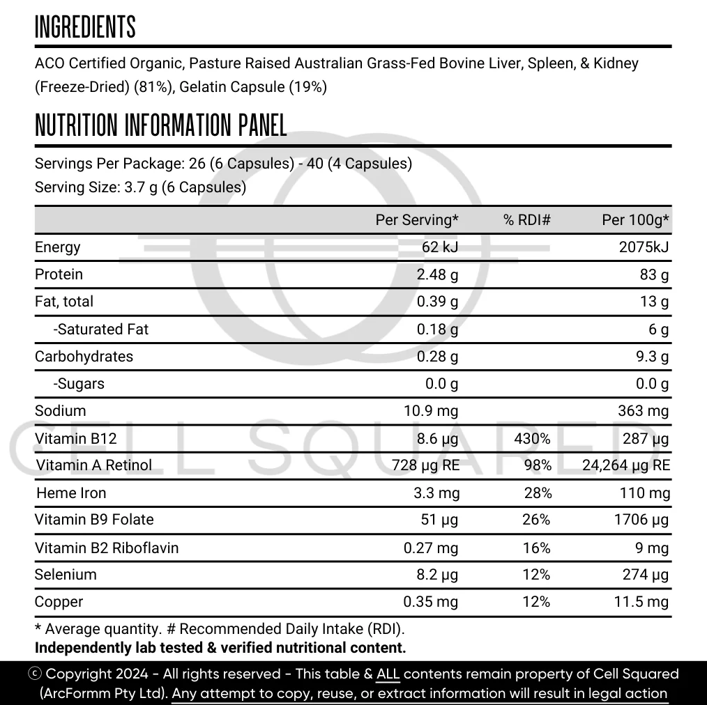 Nutritional information panel for a supplement with ingredients listed.