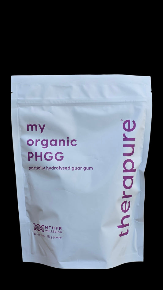 White package of 'my organic PHGG' by Therapure on a wooden surface