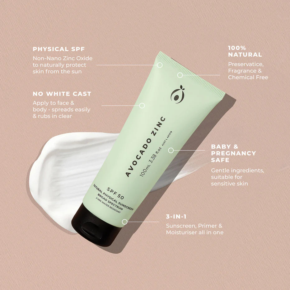 Avocado Zinc SPF 50 Natural Physical Sunscreen | 100ml