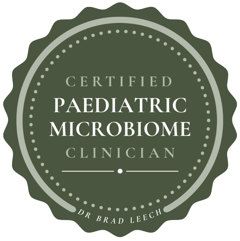 Certified Paediatric Microbiome Clinician badge with green background