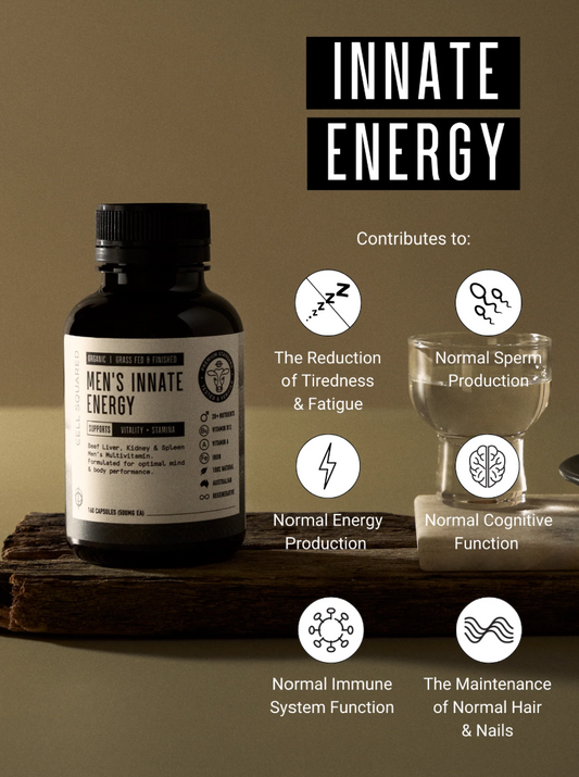 Men's Innate Energy supplement bottle with product benefits on a wooden surface.