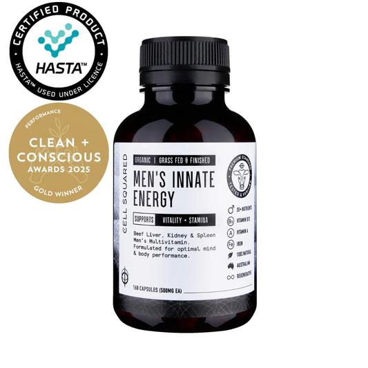Bottle of 'Men's Innate Energy' supplement with Hasta certification and Clean + Conscious Award on a white background