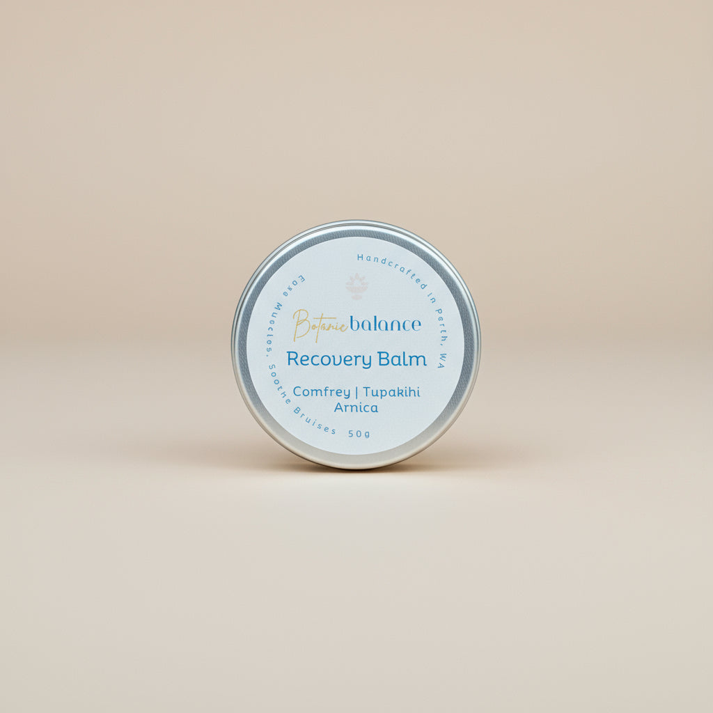 Tin of recovery balm for muscle recovery and swelling relief