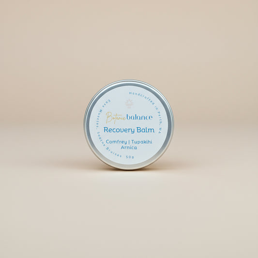 Tin of recovery balm for muscle recovery and swelling relief