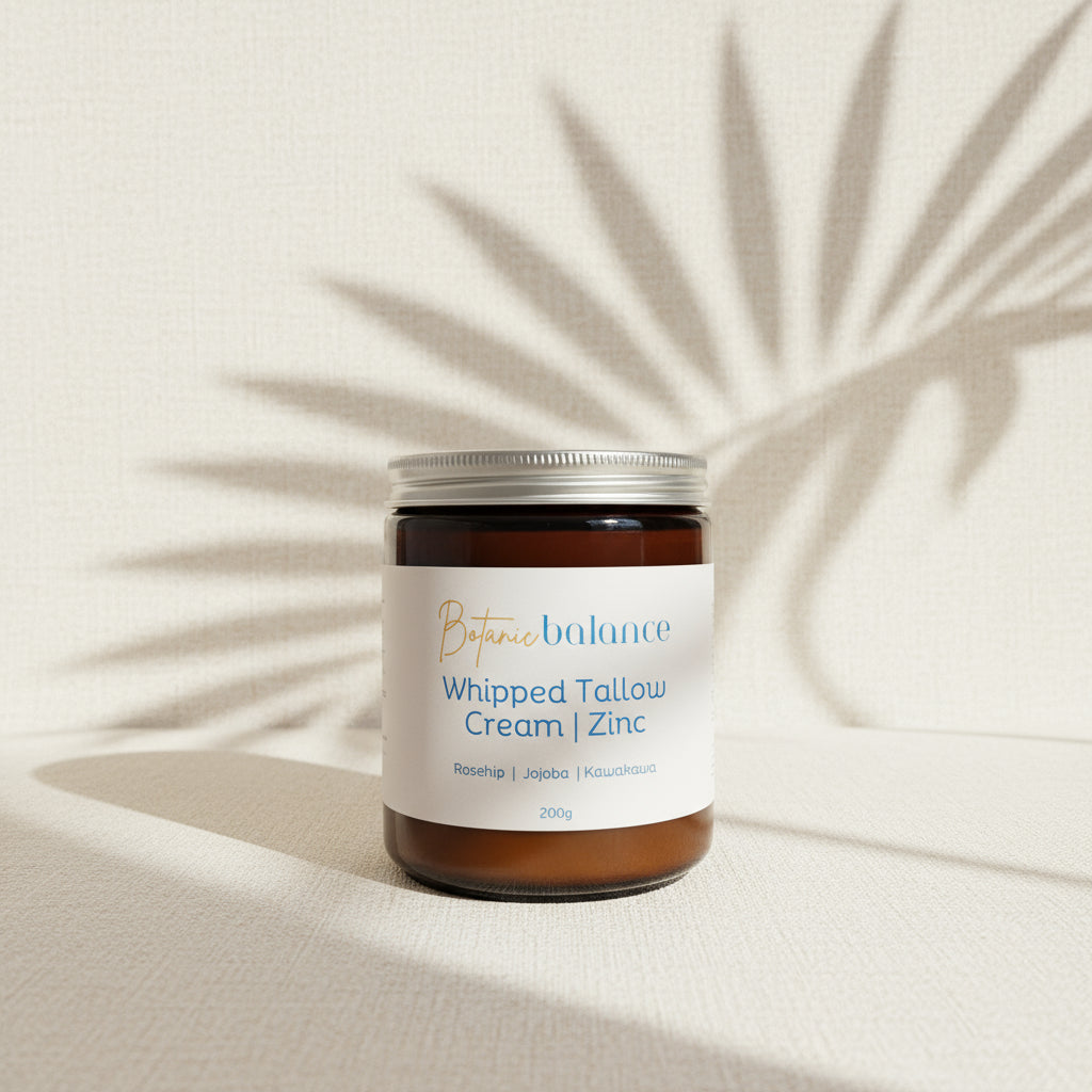 Jar of whipped tallow cream with zinc for daily moisture & sun protection